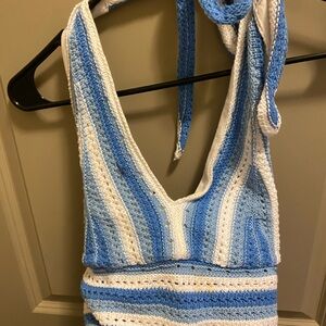 Blue and White Striped Crochet Halter Top